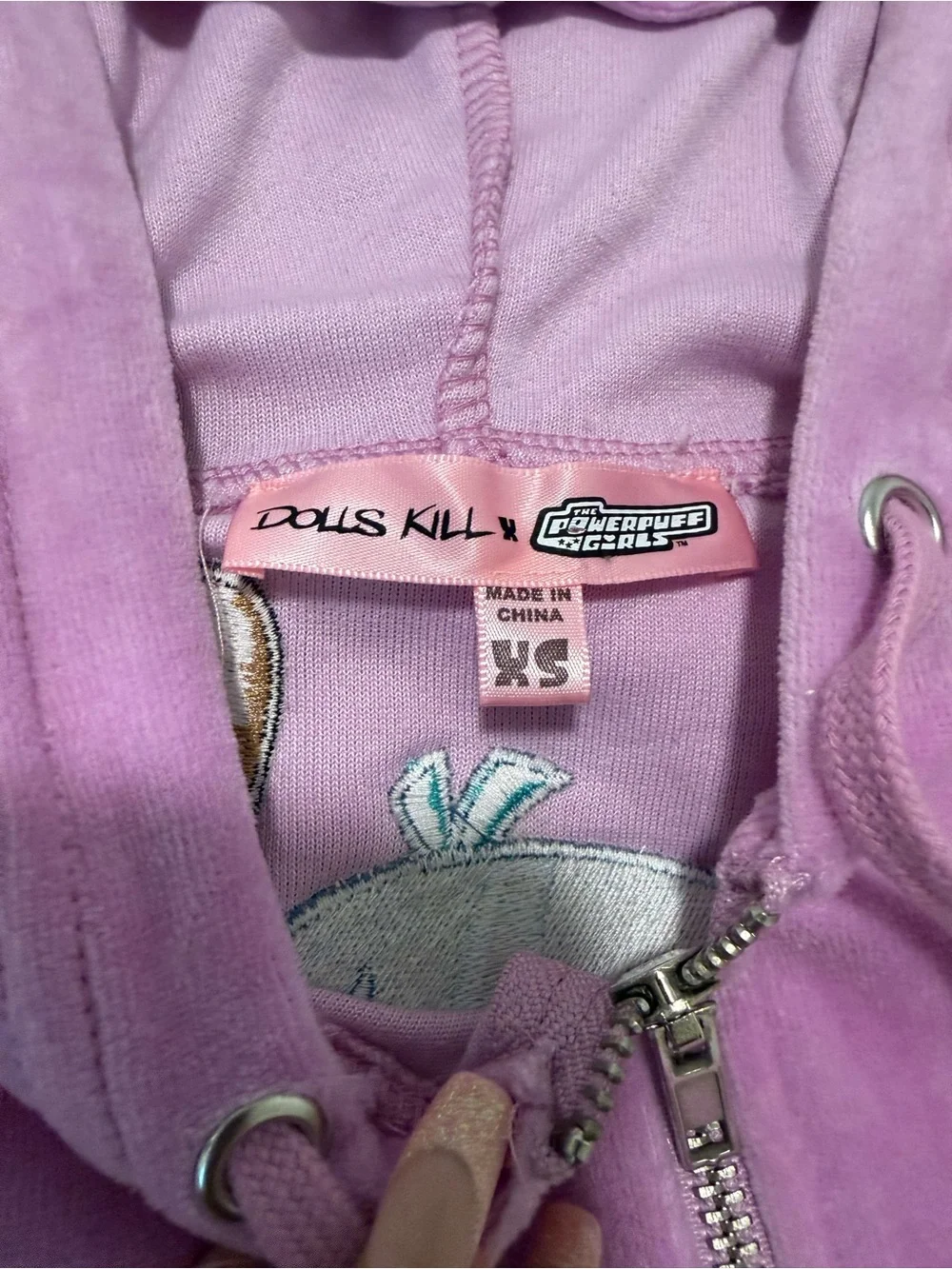Dolls Kill Lavender Velour Zip Hoodie with Pom Pom Drawstrings